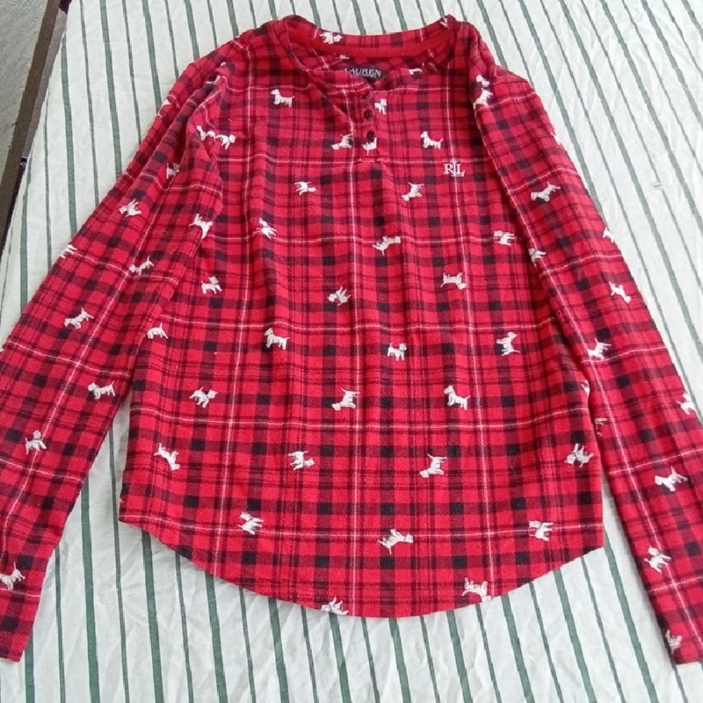 Womans XS Lauren Ralph Lauren Little Scottie Dogs Red Plaid Pajama Top Comfy